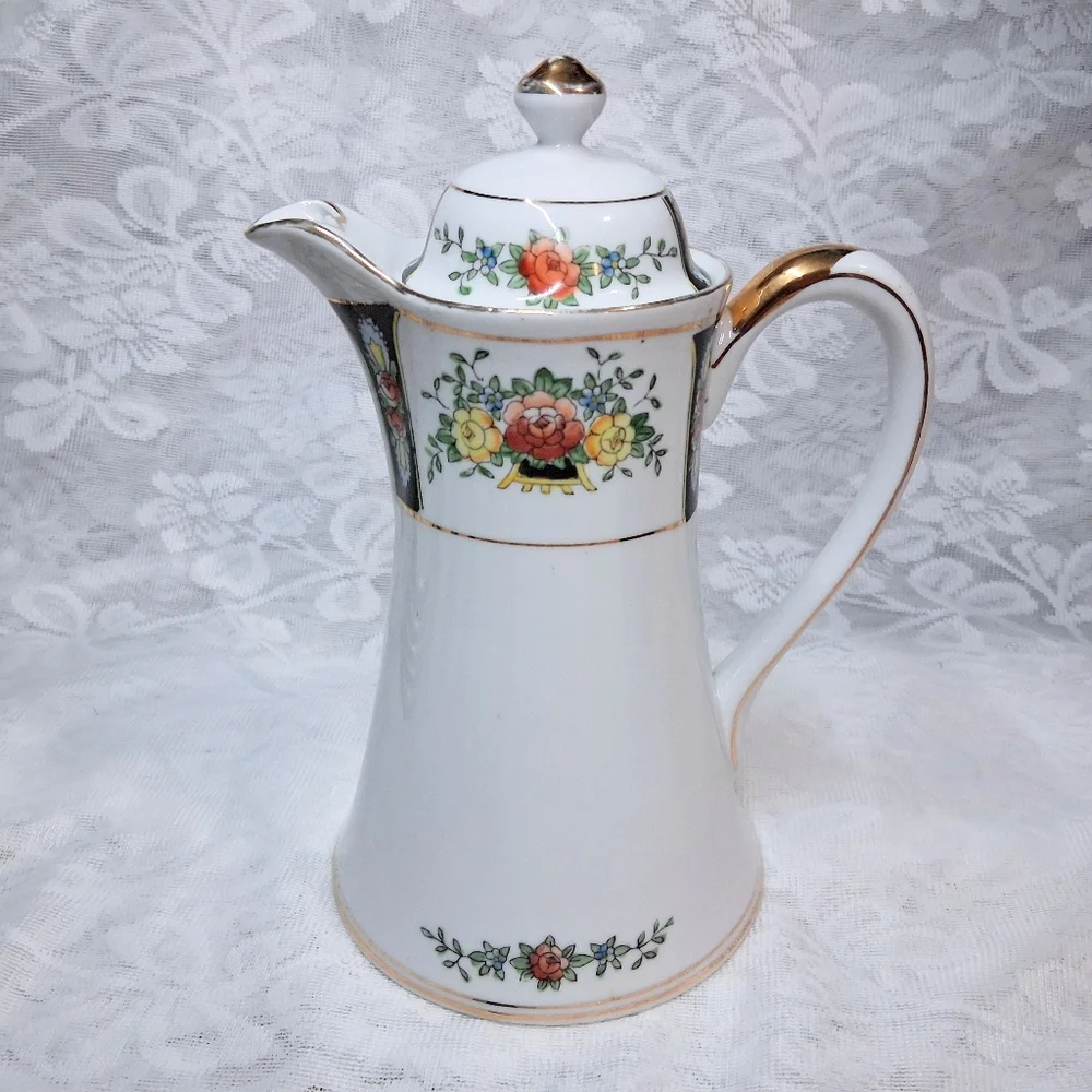 Antique Noritake Coffee Or Chocolate Pot And Service For Five Floral